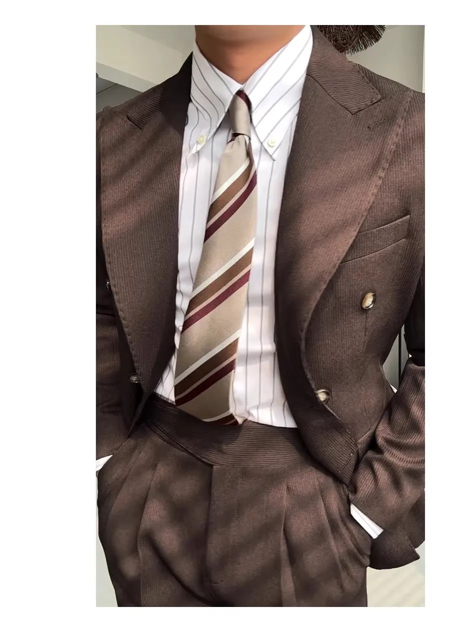 High-End Men's Black Double-Breasted Suit Lapel Collar Worsted Button Fly Button Zipper Pure Color for Business Wedding Banquet