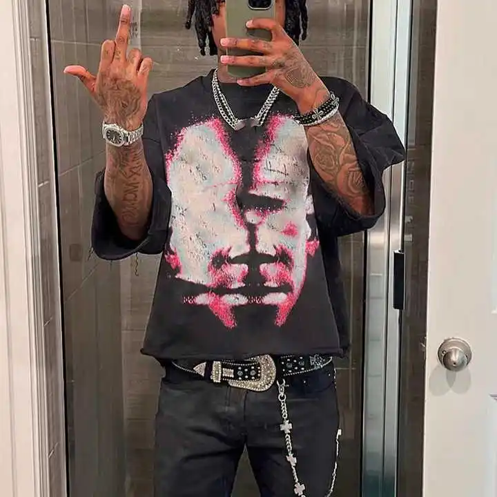 Salati Custom Acid Wash Tshirt Raw Hem Tee Cotton Graphic Dtg Print Drop Shoulder Short Sleeve T-shirt Boxy Cropped T Shirts Men gallery 3