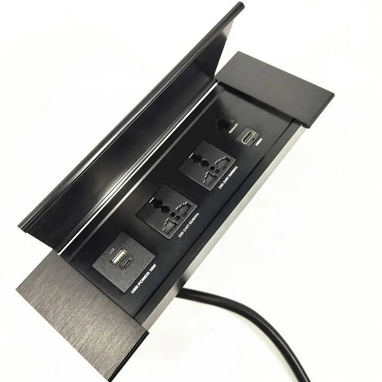 OEM Aluminum Alloy Cable Box Office Furniture in Desk Desktop Flip up Cover Universal Power Outlet USB-C Ethernet Line Socket