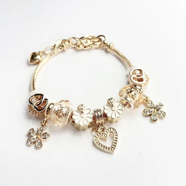 High quality gold plated heart flower charm bracelet large hole beads crown heart pendant adjustable DIY bracelet for women