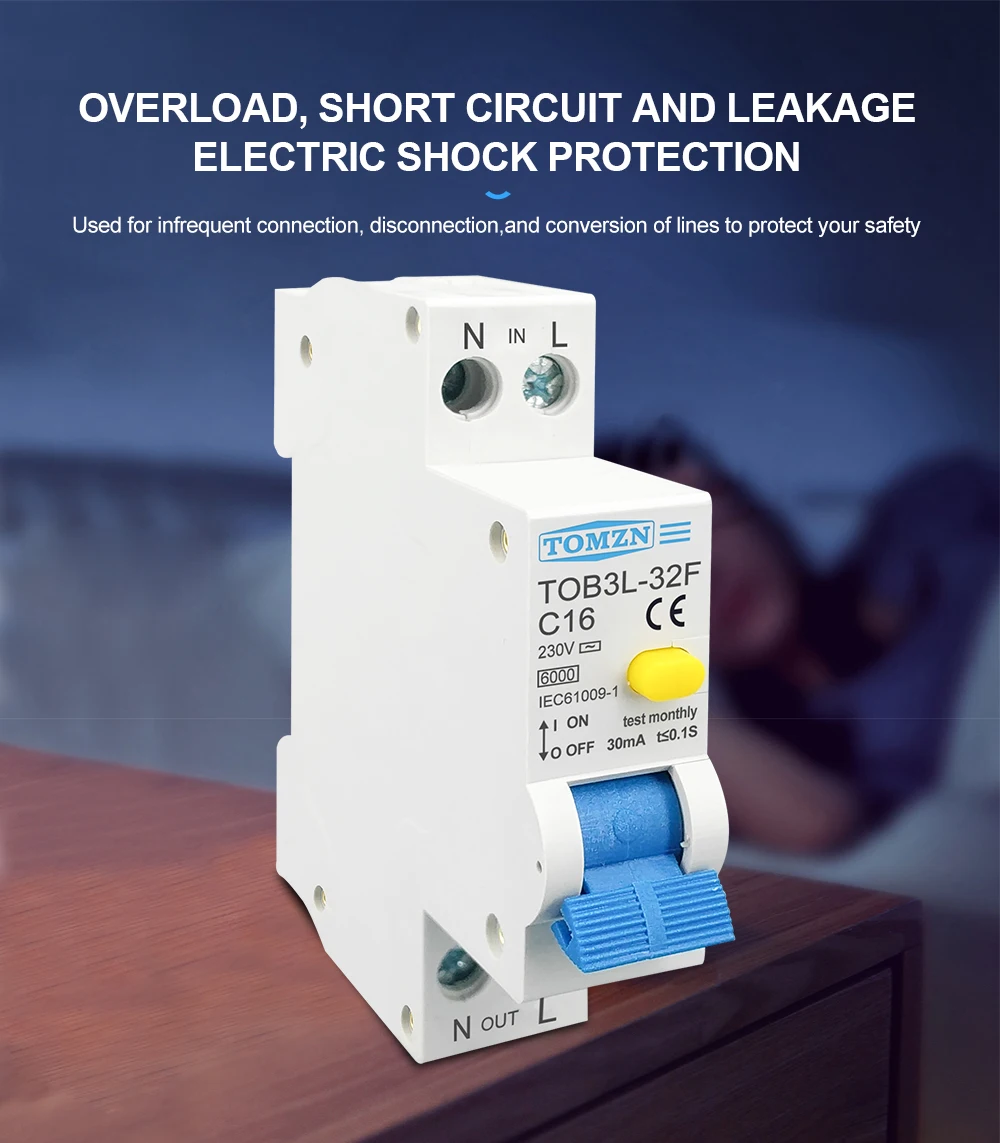 TOMZN RCBO 1P+N 6KA Residual Current Differential Automatic Circuit Breaker Over Current Leakage protection 18MM 230V 50/60Hz