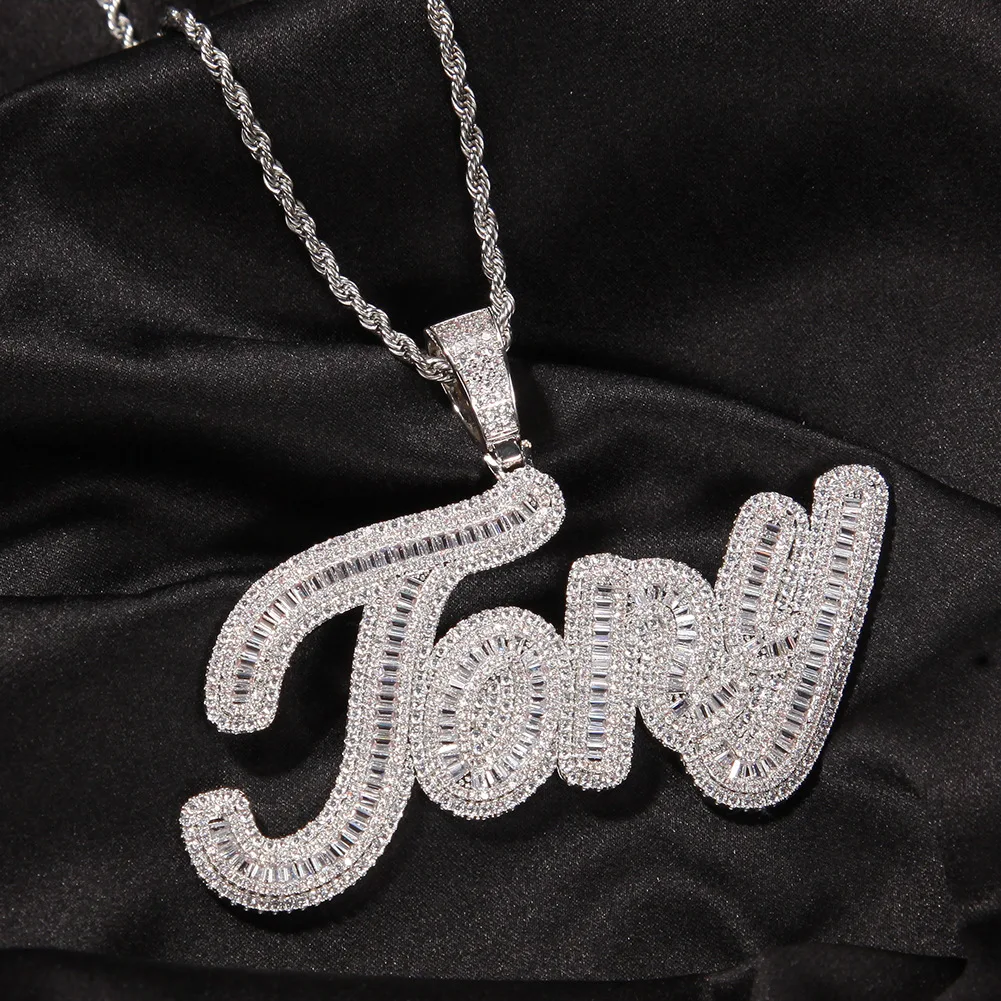 Personalized Iced Out Name Plate Pendant Bling Custom Letter Name Necklace With Square CZ Chain Necklace for Women Men Jewelry