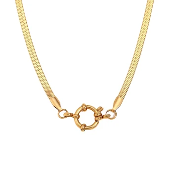 Fashion 18K Gold Plated Chain Snap Link Snake Chain Cable Chain Necklace Stainless Steel Choker For Men and Women