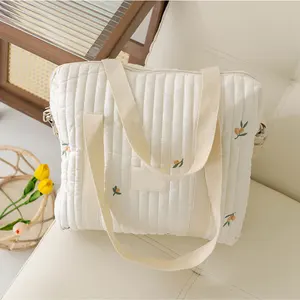 2026 New Ins Fashion Diaper Bag Tote with Stroller Straps Quilted Embroidery Mother Bag Multi-Pocket Organizer Baby Shower Gift
