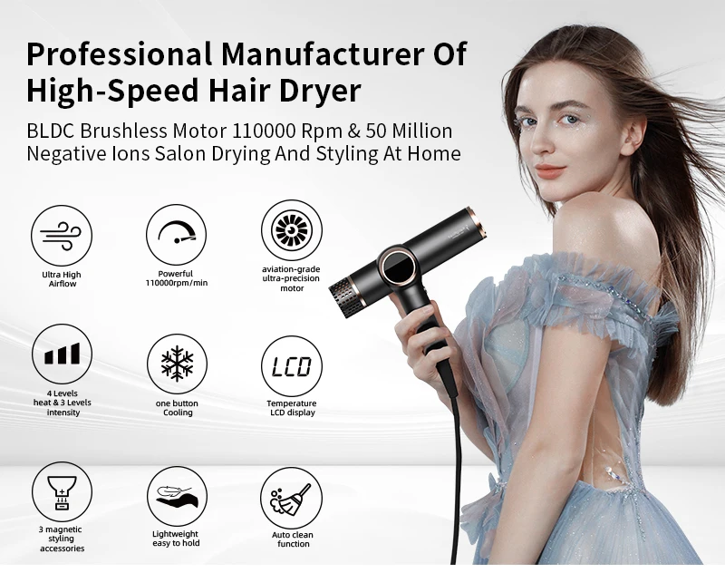 Manufacturers Hair Dryer 110000 Rpm Brushless Motor Ionic Blow Dryer With Diffuser Portable Hair