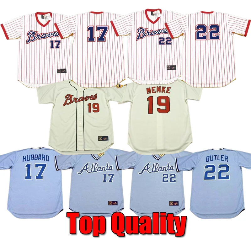 Wholesale Men's Atlanta 19 Denis Menke 22 Brett Butler 22 Rowland Office  Throwback Baseball Jersey Stitched S-5xl From m.