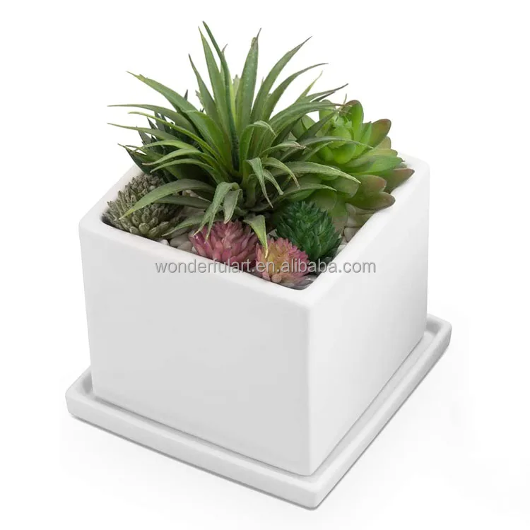EXW Ceramic Square Box Planter Indoor Outdoor Cube Flower Pot For Green Plants Garden Supplies Decorative Balcony Terrace Garden