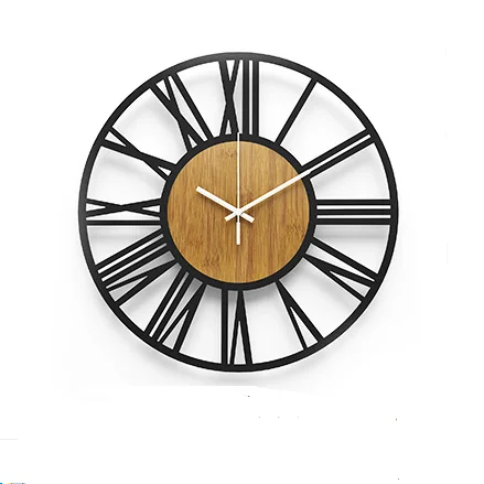 Decorative Rustic Round Metal Roman Numeral Farmhouse Wall Clock With Wood Face for Living Room Decor