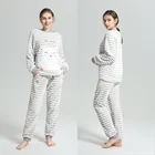 Sleepwear Set RTS Striped Embroidered Sleepwear For Women Soft Cartoon Bear Thick Flannel Fleece Winter Pajamas Ladies 2 Pcs Pyjamas Set