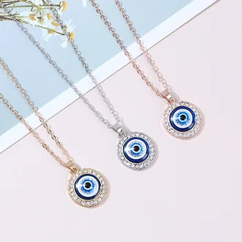 Turkish evil eyes charm necklace crystal rhinestone round heart gold plated evil blue eye pendant necklace for women jewelry
