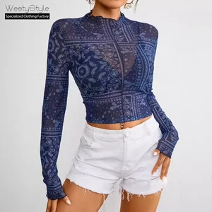 2026 Autumn Winter Elegant Women's Long Sleeve Short T-Shirt Top New Casual  Breathable Mesh Printed Polyester XL