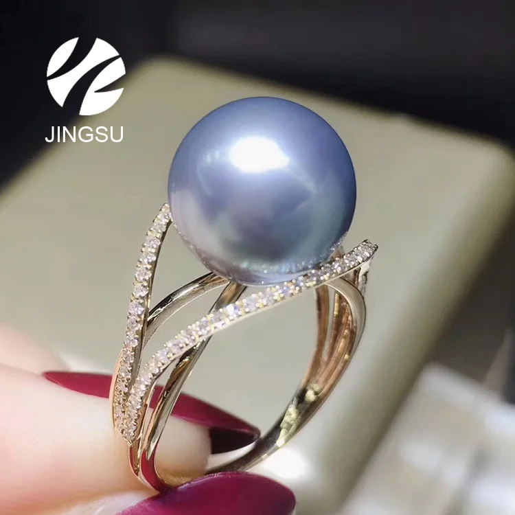 Natural Silver Grey Tahitian Pearl Ring 18K Gold Diamonds