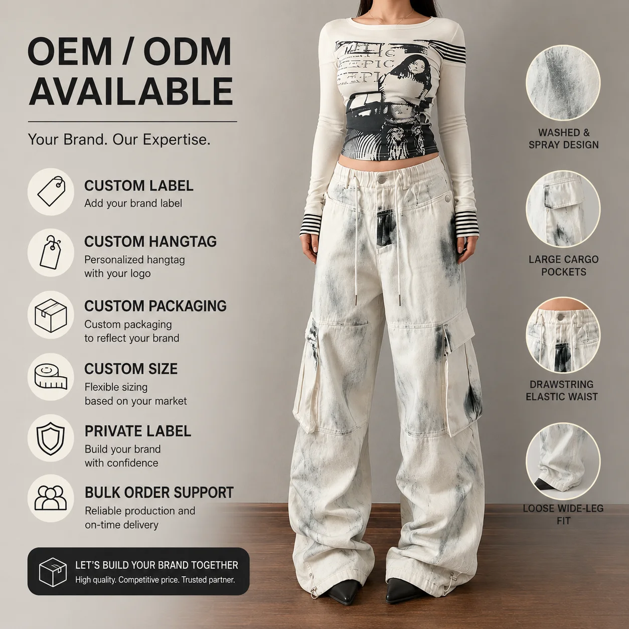 Women's Hip Hop Casual American Vintage Light Wash Denim White Cargo Jeans-Breathable Winter/Autumn/Spring