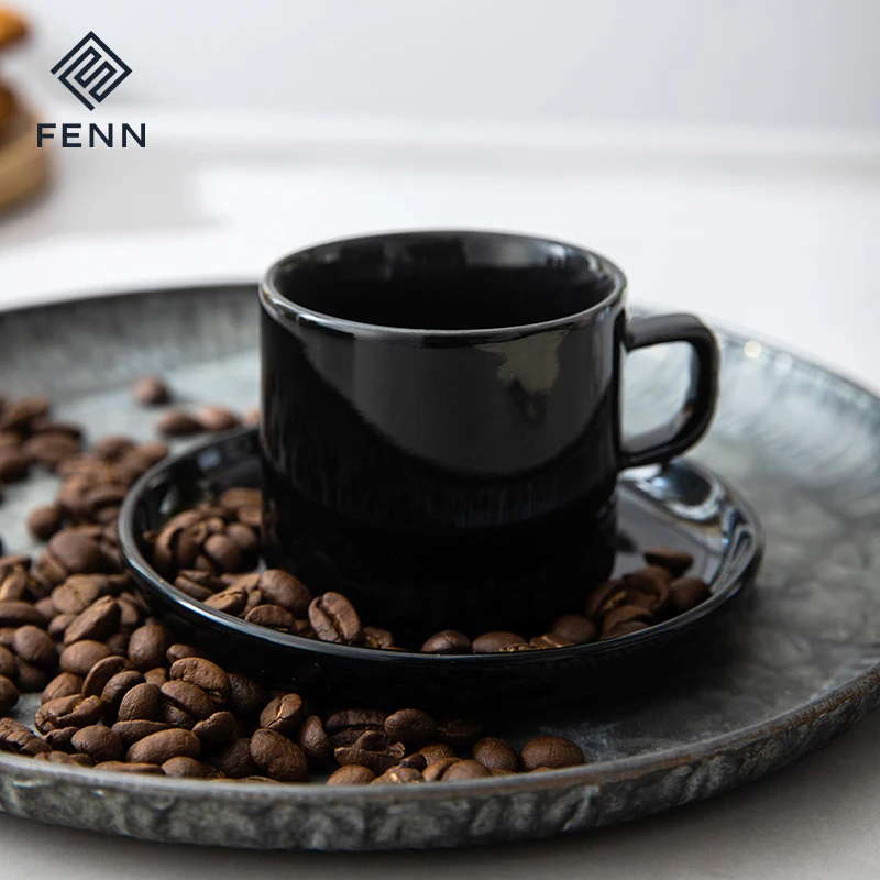 FENN Nordic cafe shop porcelain restaurant coffee cups ceramic black espresso cup with sauce custom logo printed