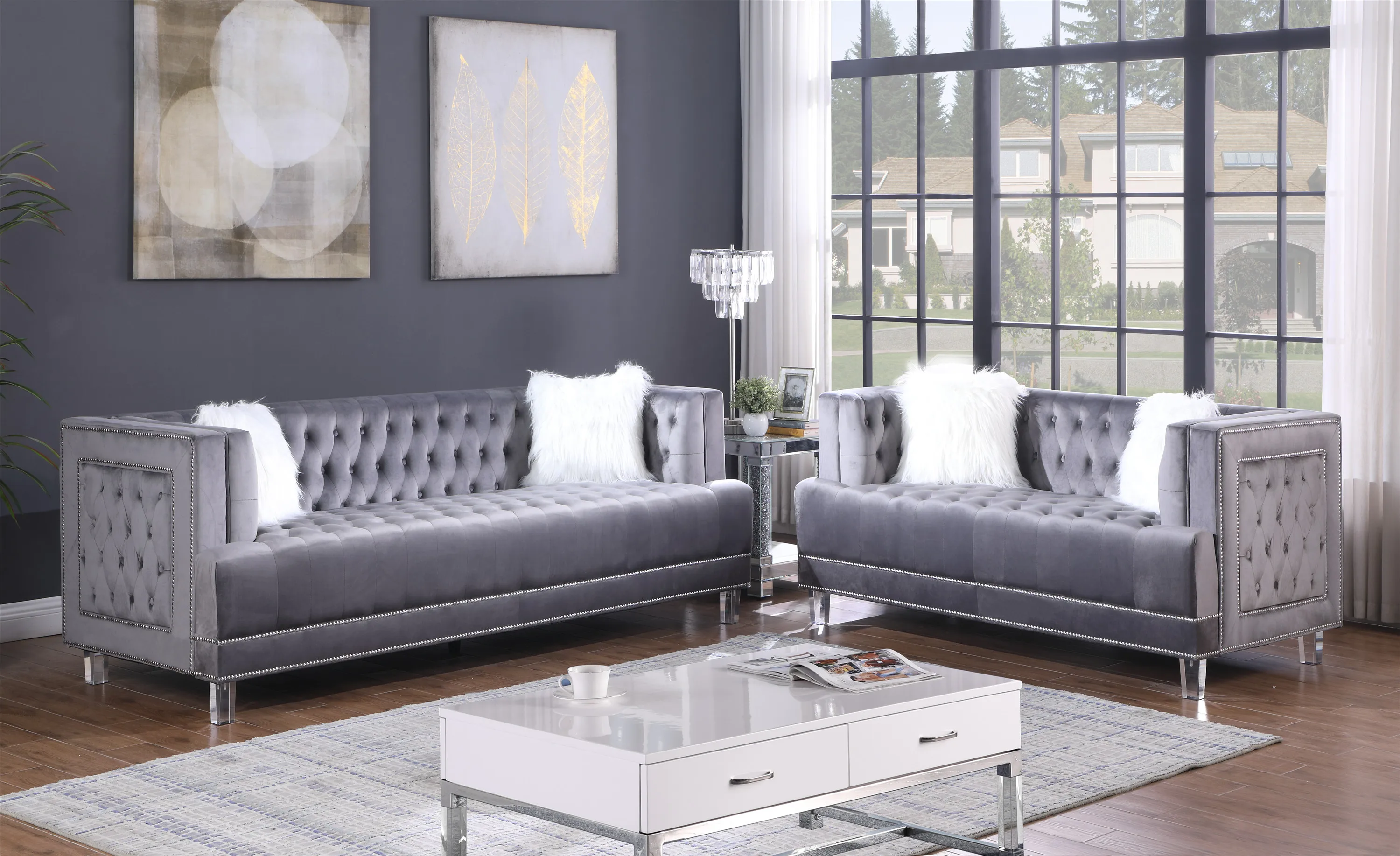 Wholesale furniture with high quality chesterfield grey velvet love seat 2 sesat