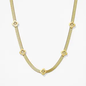 Women's European American New Fashion Simple Niche Design Four-Leaf Flower Snake Bone Chain Stainless Steel Gold-Plated Necklace