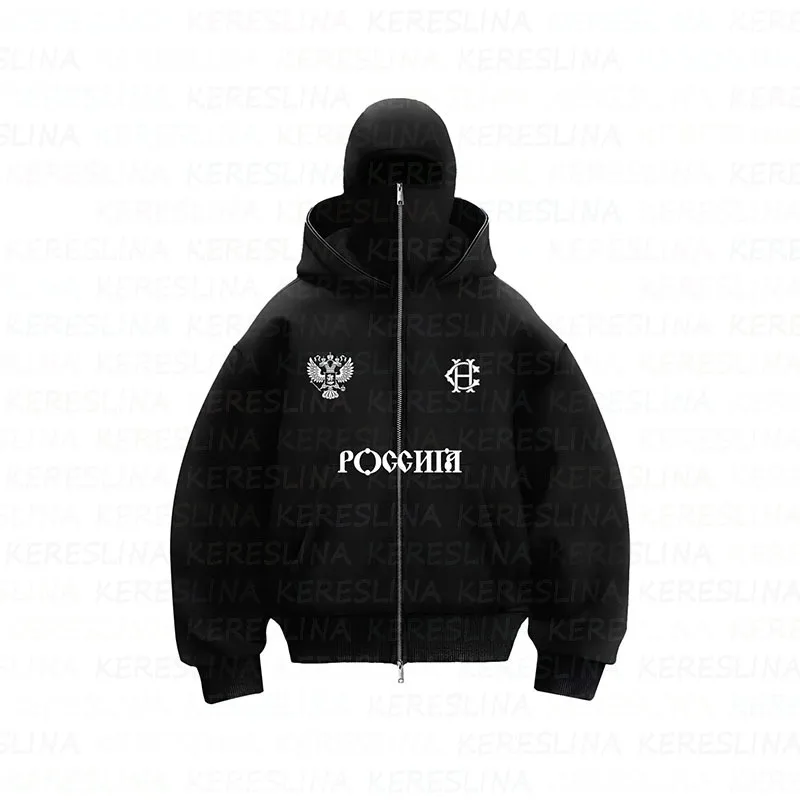 Russia Mask Zip Hoodie Balaclava Hoodie Men's Oversized 360g Hoodie Autumns Solid Color Boxy Pullover Sweatshirt