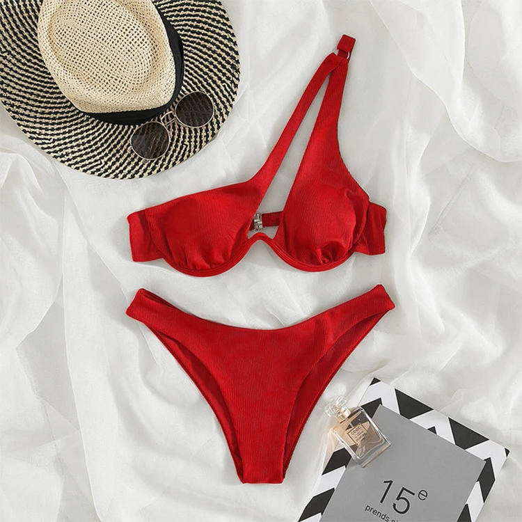 Multicolor Optional Sexy Triangle Ladies Two Piece Swimsuit Solid Color One Shoulder Underwire Bikini Wholesale