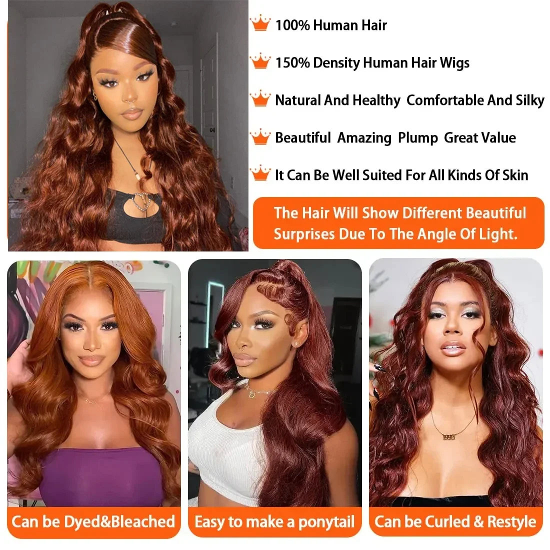 Rötlich braune Body Wave Echthaar Lace Front Perücke 30 Zoll Glueless Closure Perücke_voghion.com