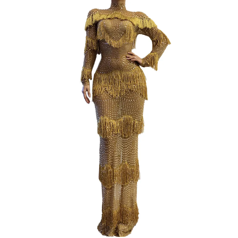 Sexy Girls Bling Crystal Sequined Tassels Curvy Women Lady Evening Dresses Party Girl Gold Long Dress Sexy Girls Bling Crystal Sequined Tassels Curvy Women Lady Evening Dresses Party Girl Gold Long Dress