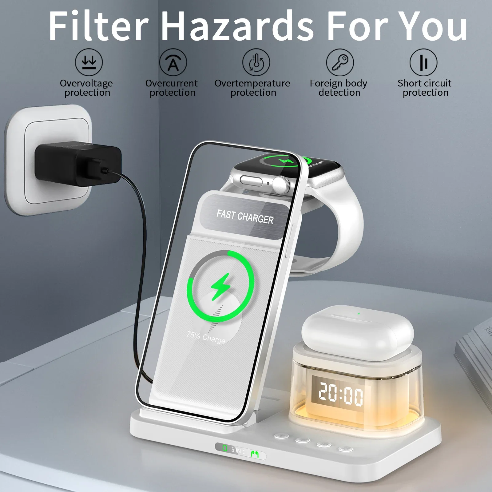 15W Fast-Charging 3-in-1 Foldable Wireless Charger with Clock 3-in-1 Multifunctional Magnetic PD Function
