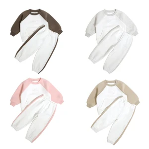 Latest Hot Style Elastic Cuff Winter Sport Set Wool Liner Embroidery Children Outfit Kangaroo Pocket Cotton Sweatshirt Suit