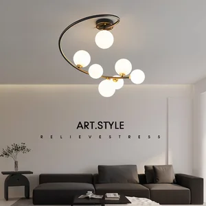 JACKSUN Modern Milk Glass Globe Ceiling Light Fixture 7 Lights Vintage Semi Flush Mount Magic Bean Iron Finish Pendant Light