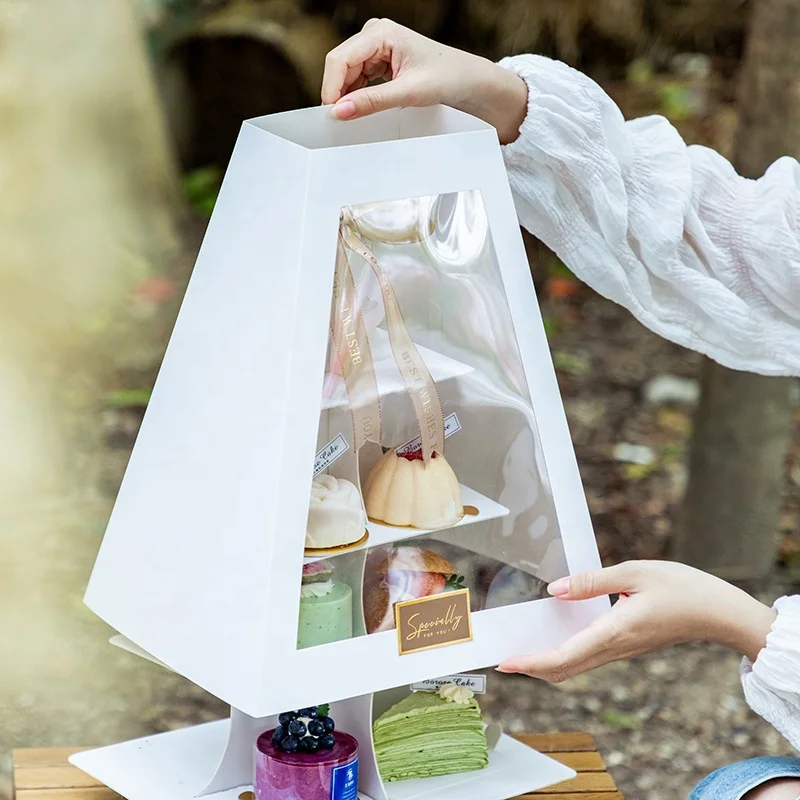 High-end Multilayer Trapezoid Afternoon Tea Dessert Shelf Transparent French Dessert Display Box with Handle