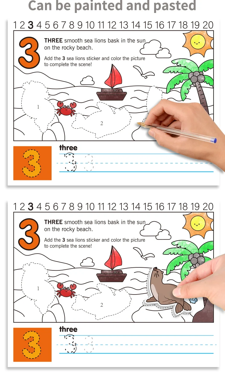 product keybaby custom 2025 new preschool ocean animal alphabet number tracing book coloring writing book activity sticker pad for kids-4