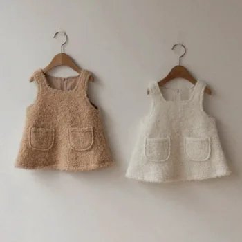 Girls' Autumn and Winter Baby Dresses Fashion Crocheted Vest Dress Curly Fleece Pocket Princess Sleeveless Dress