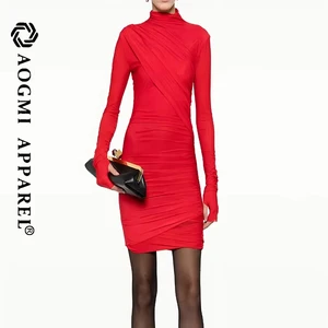 Haute Couture Fashion Ladies Party Dress High Collar Pleated Midi Length Chiffon Fabric Breathable Anti-Wrinkle Eco-Friendly