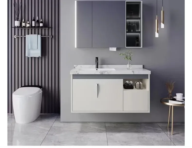 Modern floating wall mounted artificial stone countertop single sink bathroom vanity with smart mirror cabinet factory