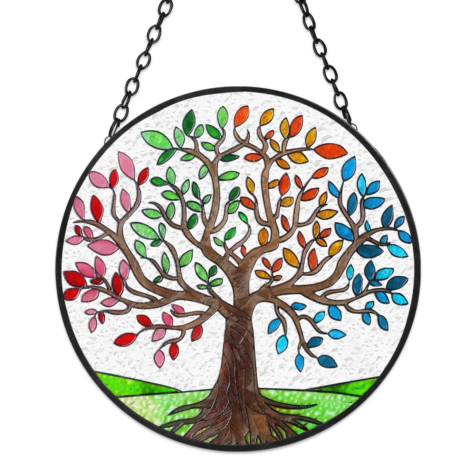 Tree of Life Stained Glass Suncatcher  Window Wall Hanging  Hand-Painted Glass Panel colorful