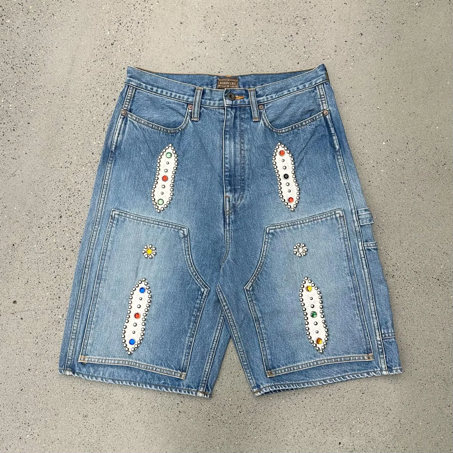 Salati Custom Design Distressed Vintage Rhinestone Acid Wash High Summer Carpenter Cargo Denim Trousers/Jeans Shorts Jorts Men gallery 8