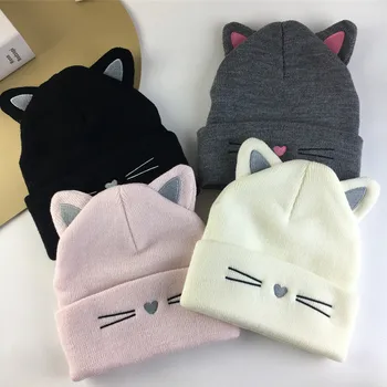 Cute Cat Ear Embroidered Knitted Wool Cap Outdoor Warm Cold Over Head Beanies Street Style Ear Protection Cap