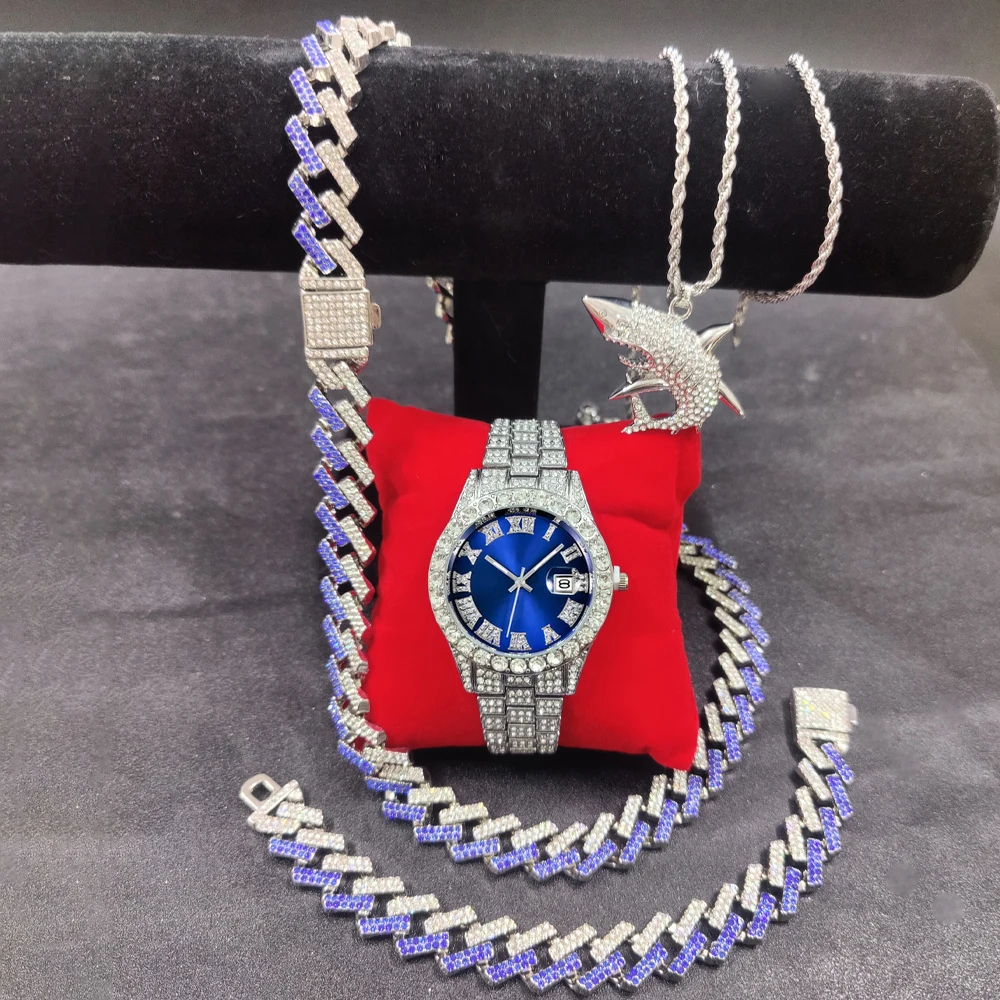Iced Out Men Watch With Necklace Bracelet Set Hip Hop Watches Men Wrist  Luxury Silver Men Watches CubanChain Fashion Jewelry Set