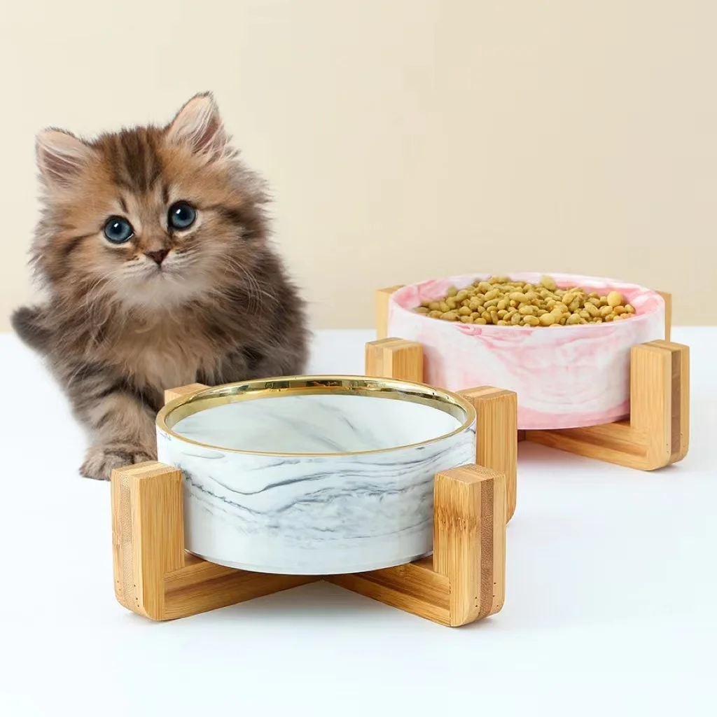 Ecofriendly Gold Line Design Marble Double Ceramic Pet Bowl With Stand