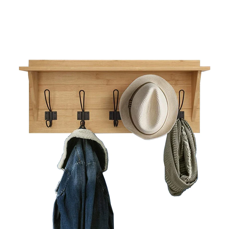 Wholesale Bamboo Wall Mounted Coat Rack with Shelf and 5 Coat Hangers Touch for Your Entryway Mudroom Kitchen Bathroom and More