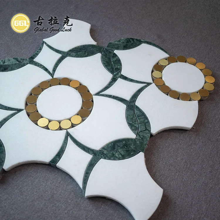 Flower pattern marble mosaic pure white and green marble chips inlaid with gold dots waterjet tile manufacture