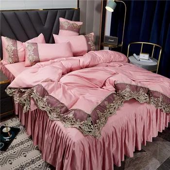 Pink Classical Girls Bedroom Silk Duvet Cover Bedding Set, European Royal 4 Pcs Quilt Comforter Bed Sets/