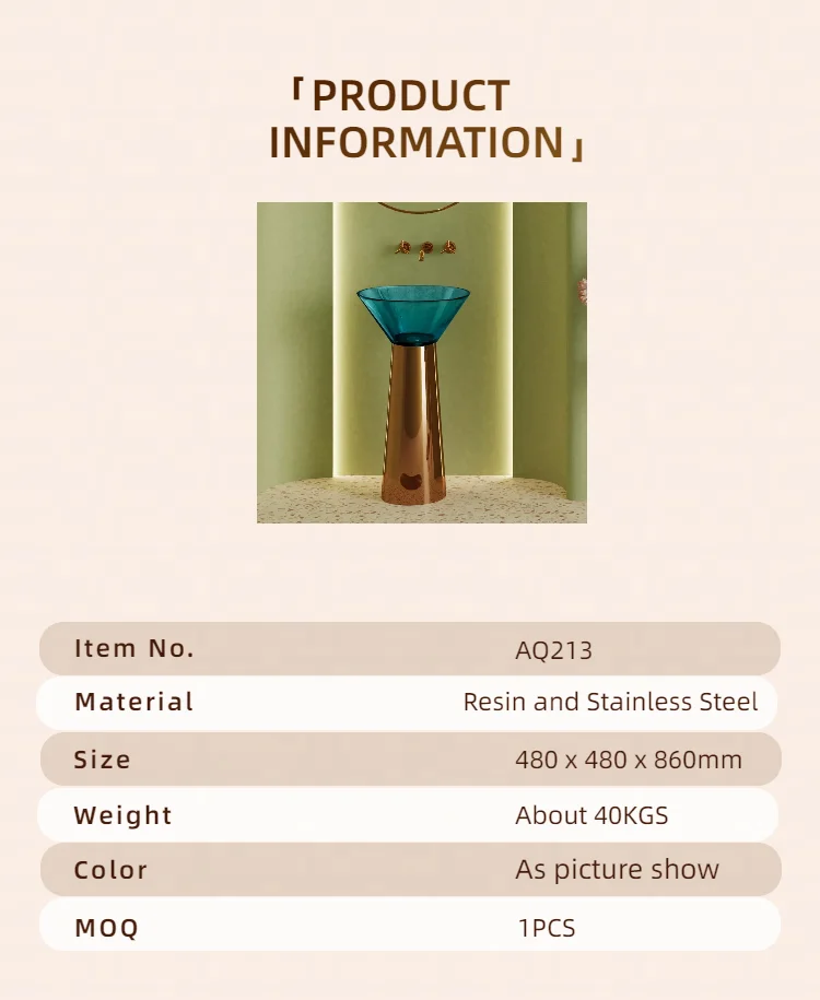 Funnel Shaped Blue Translucent Resin Basin and Rose Gold Stainless Steel Pedestal Combination Freestanding Bathroom Wash Basin