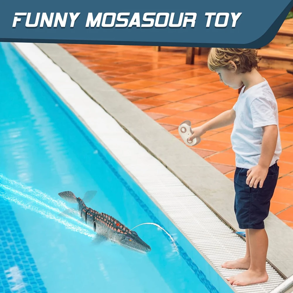 2.4G remote control dinosaur pool toys simulation RC Mosasaurus water toys one-key demo with spray water and light for kids