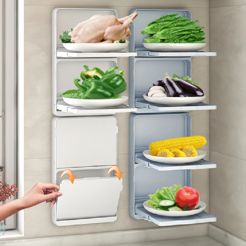 New Retractable Wall-Mounted ABS Plastic Food Preparation Rack 2-Layer Foldable Dish Plate Holder Kitchen Accessory Storage Rack