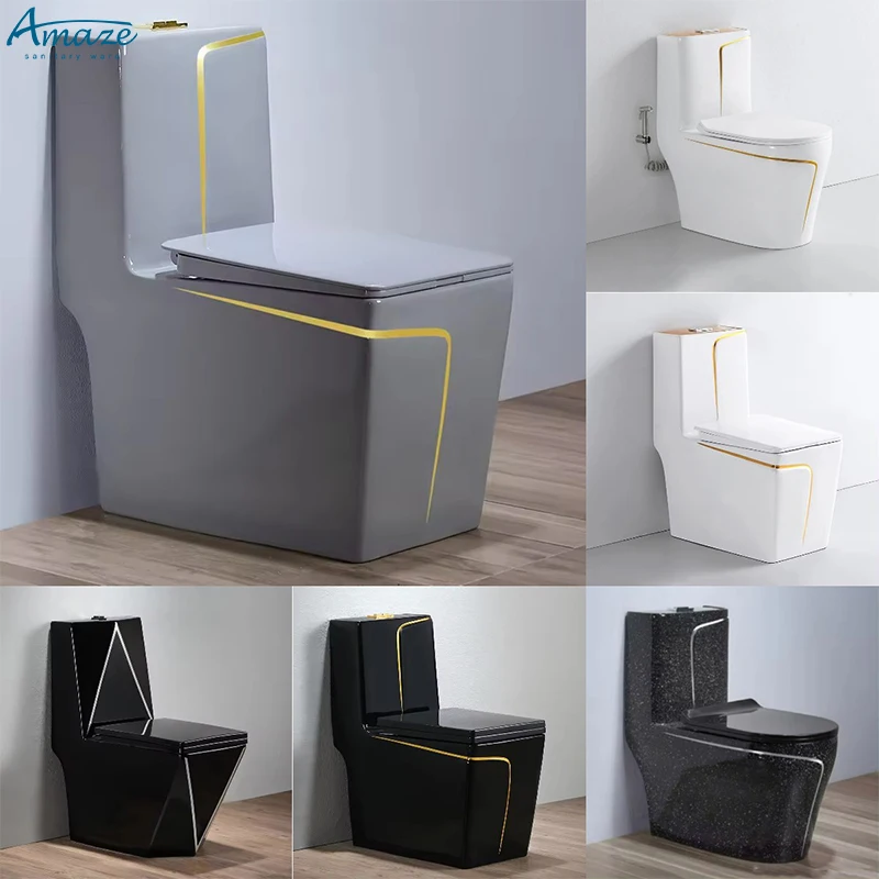 Wholesale luxury porcelain black and gold color s trap bathroom ceramic sanitary ware wc square one piece toilet bowl