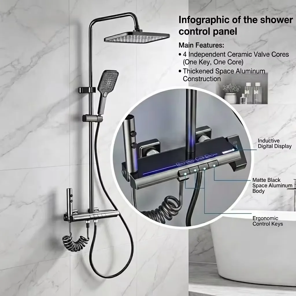 Complete wall mounted shower set showing rainfall head and handheld spray