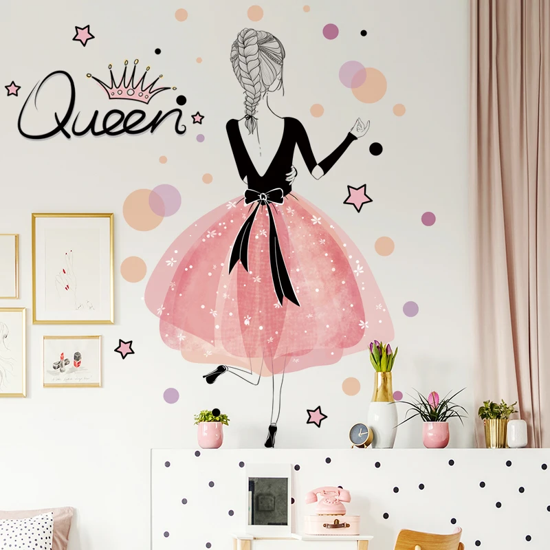 Beautiful Girl Back Pink Dress Wall Stickers Queen Crown Wallpaper Stars  And Dots Sticker Home Decor For Living Room Wall Decal - Buy Beautiful Girl  Back Pink Dress Wall Stickers,Queen Crown Wallpaper