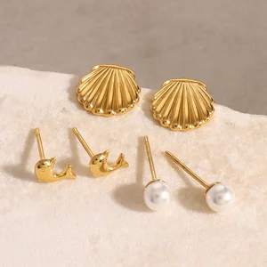 Ilona Beach Ocean Jewelry Earring Sets Freshwater Pearl Shell Cartoon Shapes Gold Plated Stainless Steel Stud Earrings for Women