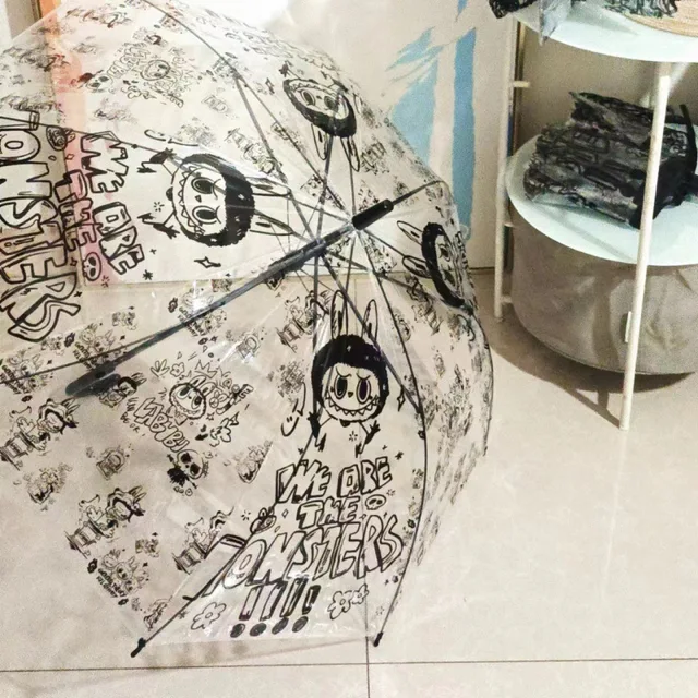 Cartoon-Style Long-Handled Transparent Umbrella Printed Labu Umbrella with Straight Pattern Folding Umbrella