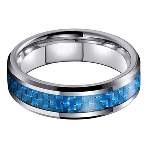 Coolstyle Jewelry 6mm Tungsten Ring for Men Women Engagement Wedding Band Blue Carbon Fiber Inlay Beveled Edges Comfort Fit