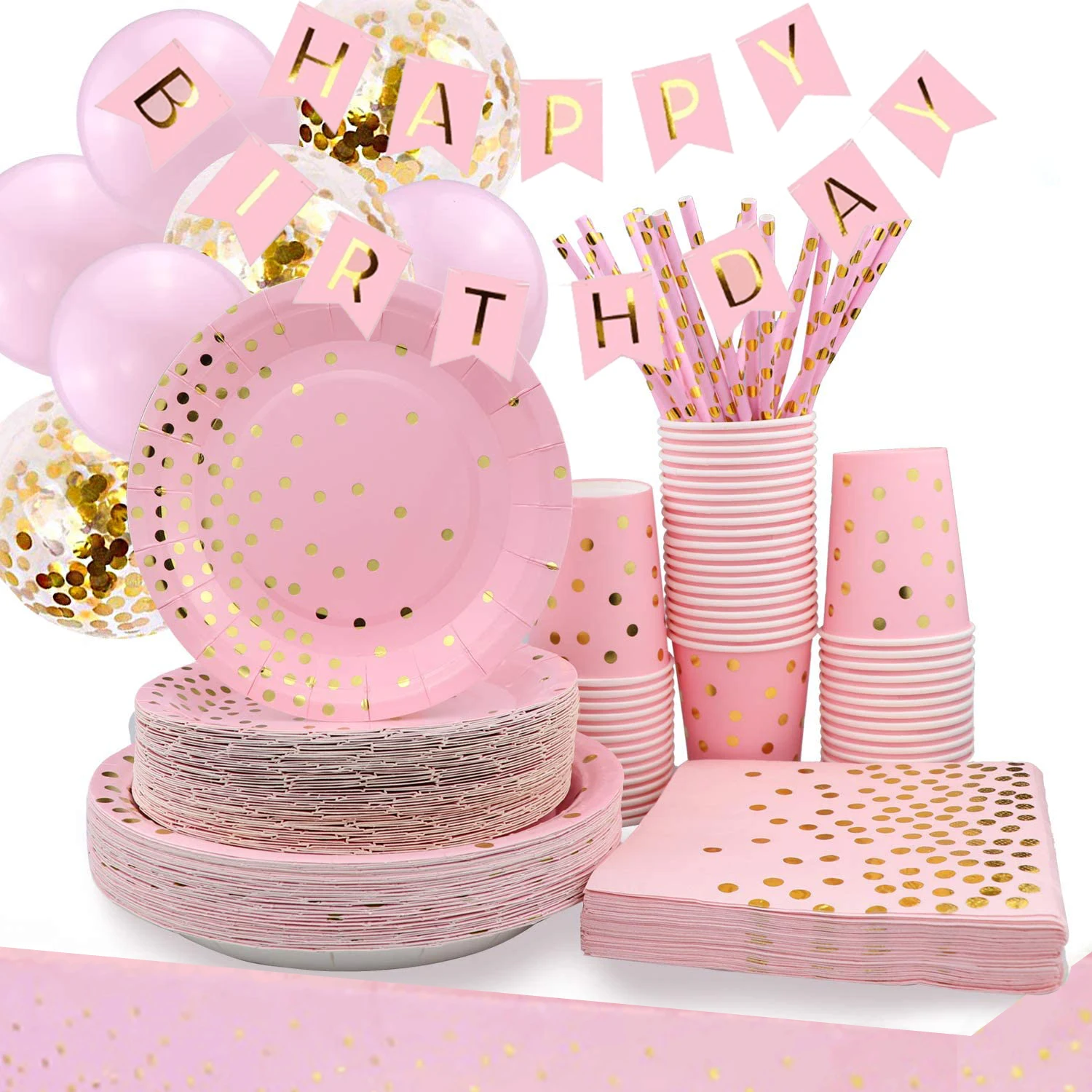 50th Birthday Pink Gold Party Supplies, Disposable Tableware for 16 Guest, Include 7” Paper Plates,9” Plates, Banner, 12 oz Cups, Napkins